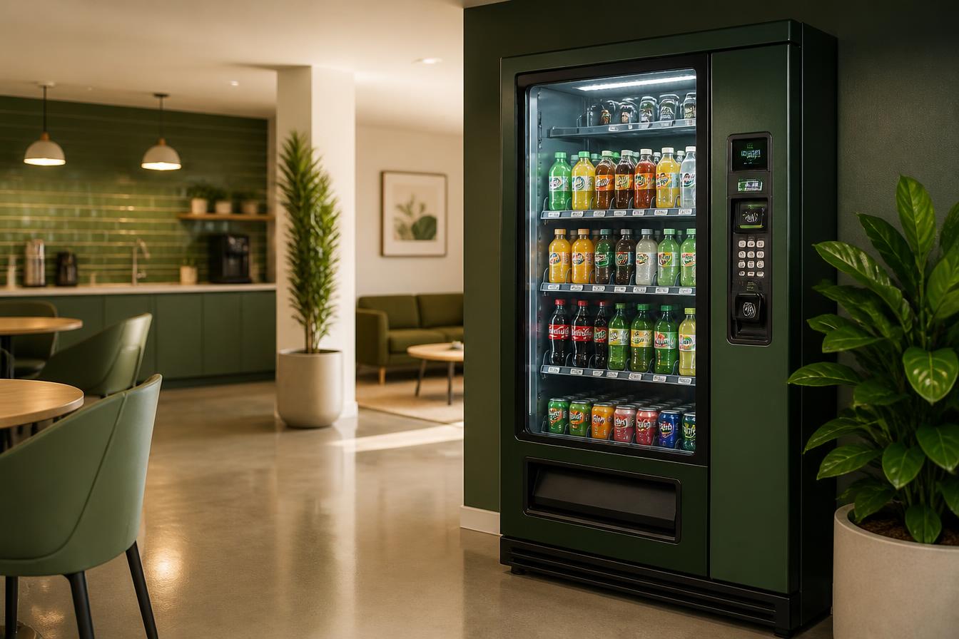 Modern beverage vending machine in a clean employee break room